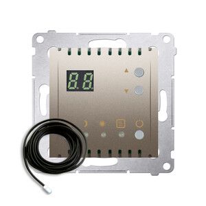 54 PREMIUM Regulator temperatury z wyświetlaczem z czujnikiem zewnętrznym (moduł) 16(2) A, 230V~; złoty mat  *W komplecie czujnik zewnętrzny (sonda)